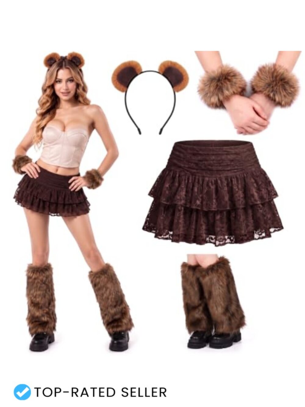 Women Halloween Bear Costume Set Faux Fur Leg Warmers Wrist Cuffs Mini Skirt